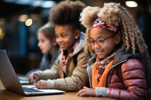 Des enfants se sont rassemblés en regardant un écran d'ordinateur portable avec curiosité explorant ensemble les merveilles numériques image éducative