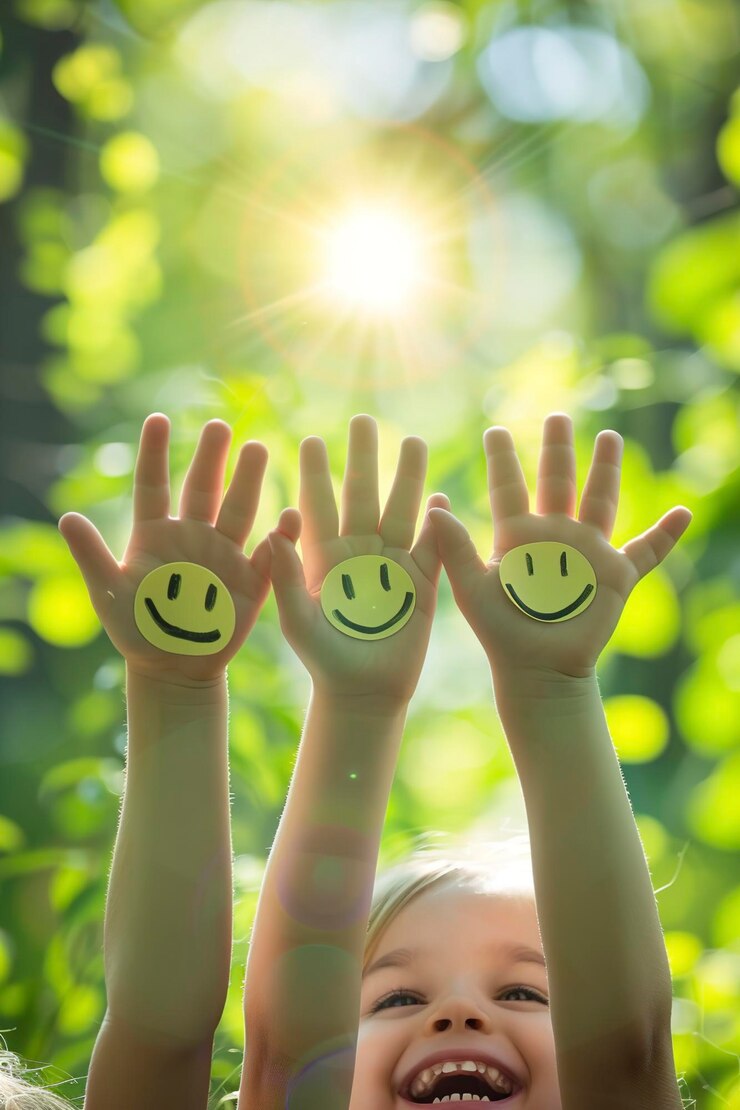 Photo enfants avec un smiley sur les mains sur un fond vert de printemps