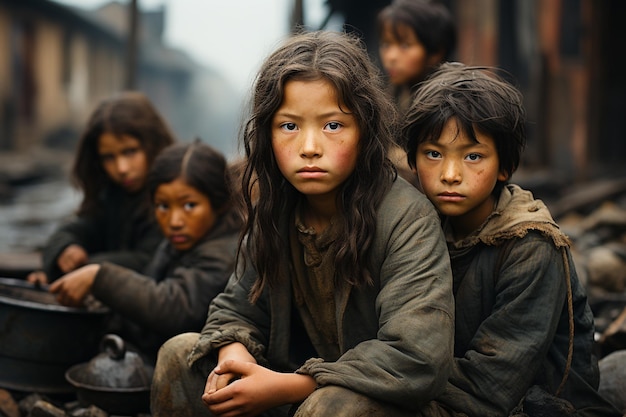 Les enfants sont assis aux coins des rues.