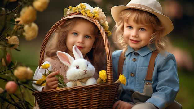 Les enfants sont assis dans le jardin avec des fleurs et des lapins.