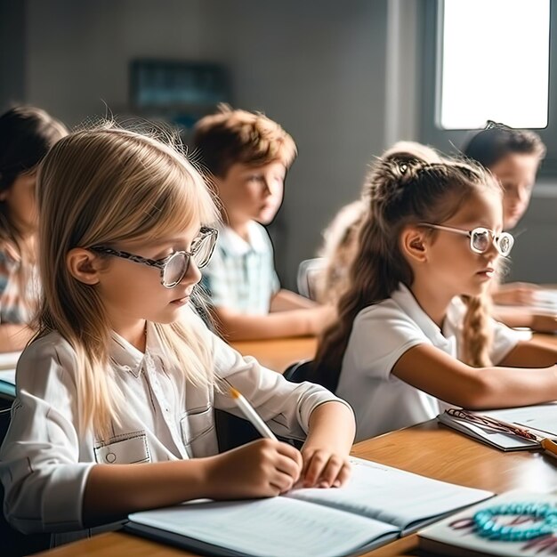 Les enfants sont assis à leur bureau à l'école dans la salle de classe IA générative