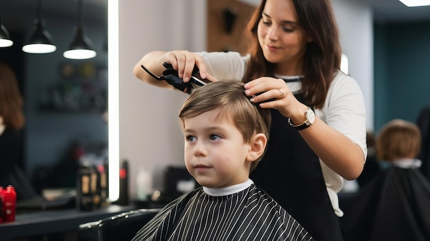 Photo les enfants sont coiffés par le coiffeur.