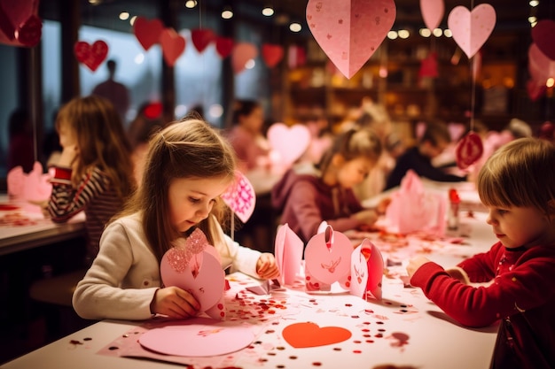 Les enfants sont rassemblés autour d'une table profondément engagés dans la fabrication d'artisanat de la Saint-Valentin