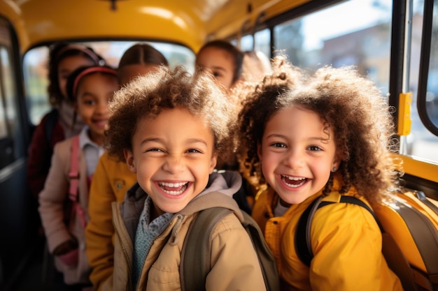 Enfants souriants dans le bus scolaire