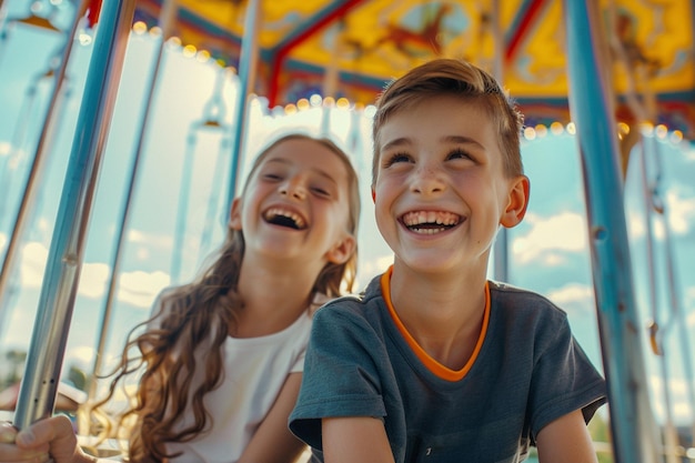 Des enfants souriants jouant sur un carrousel de terrain de jeu et