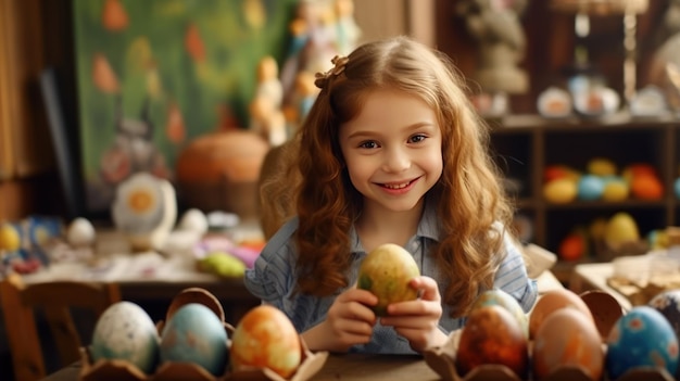 Les enfants sourient En colorant ses œufs de Pâques avec un pinceau