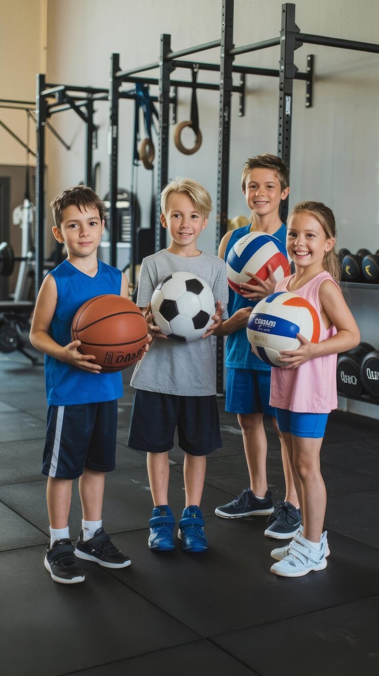 Photo des enfants sportifs avec des balles au gymnase.