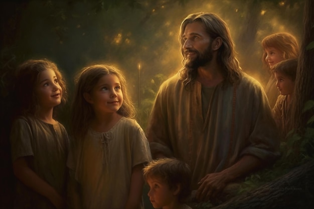 Enfants suivant et écoutant l'illustration de l'IA générative de Jésus