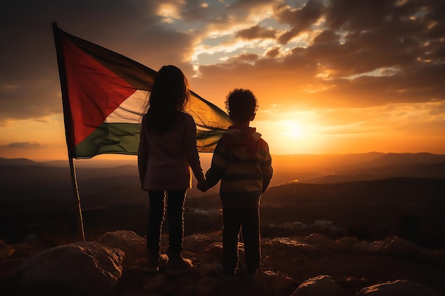 Des enfants tenant un drapeau palestinien avec un coucher de soleil espérant une liberté