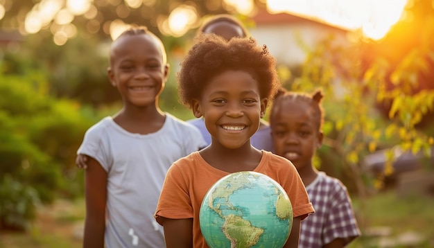 Des enfants tenant un globe symbolique de l'unité et de la conscience environnementale illuminé par un soleil doré