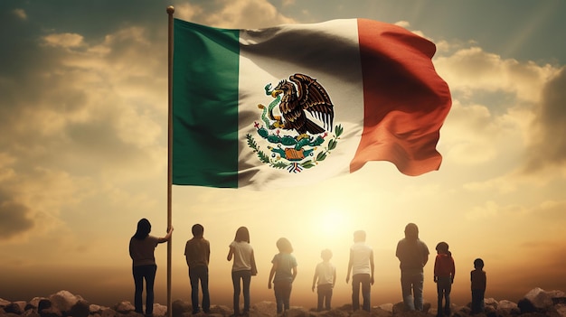 Photo des enfants tenant un grand drapeau du mexique la journée du mexique ai générative