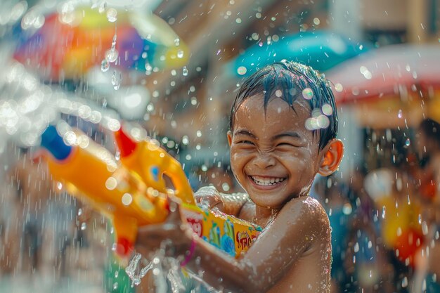 Des enfants tenant un pistolet à eau heureux très amusants jouant dans l'eau pendant le festival de Songkran