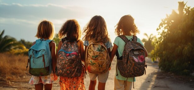 Des enfants tenant des sacs à dos devant une rue.