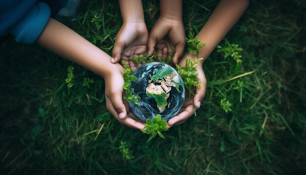 enfants tenant la terre verte dans leurs mains sur l'herbe verte arrière-plan matériaux mondains aériens