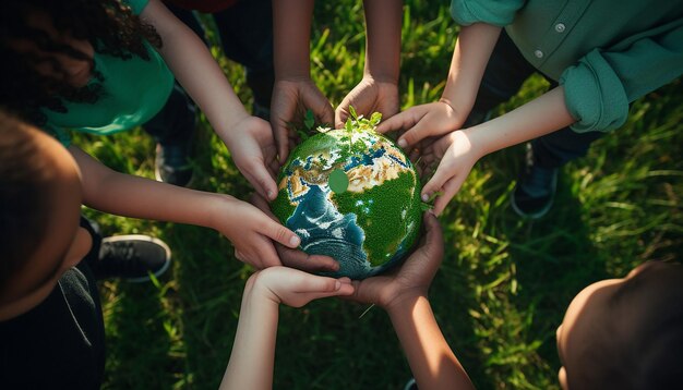 enfants tenant la terre verte dans leurs mains sur l'herbe verte arrière-plan matériaux mondains aériens
