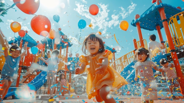 Des enfants en tenue vibrante célèbrent avec des ballons et des confettis