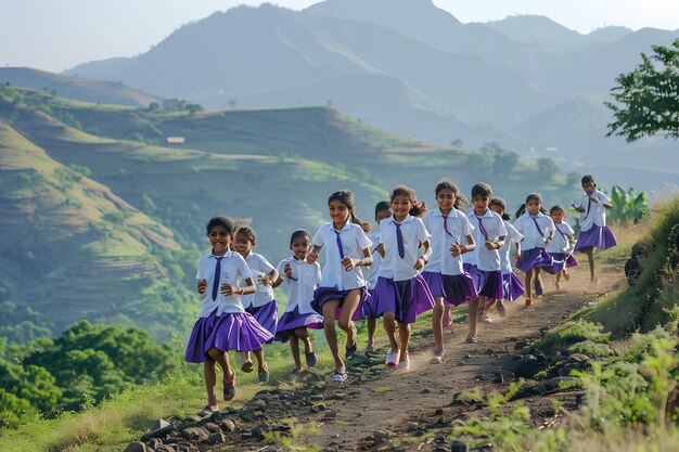 Photo des enfants thaïlandais non identifiés courent le matin à kanchanaburi, en thaïlande.