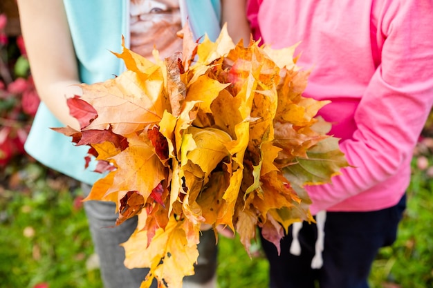 Les enfants tiennent un bouquet de feuilles d'érable dans leurs mainsLes enfants jouent dans le parc d'automne Feuillage d'automnehumeur d'automne