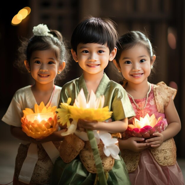 Photo les enfants tiennent des krathongs et portent des costumes thaïlandais festival loy kratong