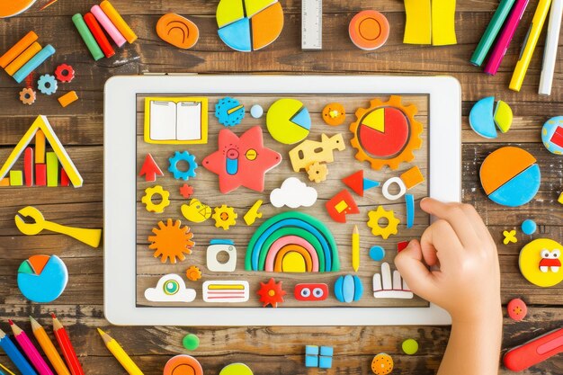 Les enfants touchent la tablette avec des jouets