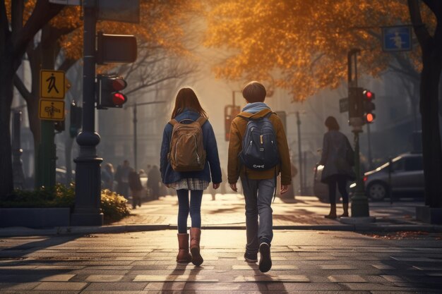 Des enfants traversent la route en toute sécurité pour aller à l'école.