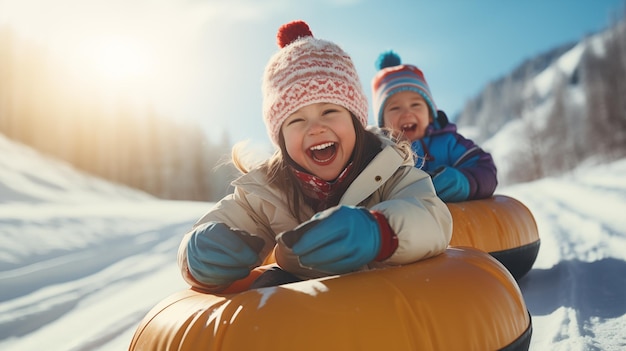 Des enfants très heureux glissant sur une pente enneigée sur un tube gonflable.