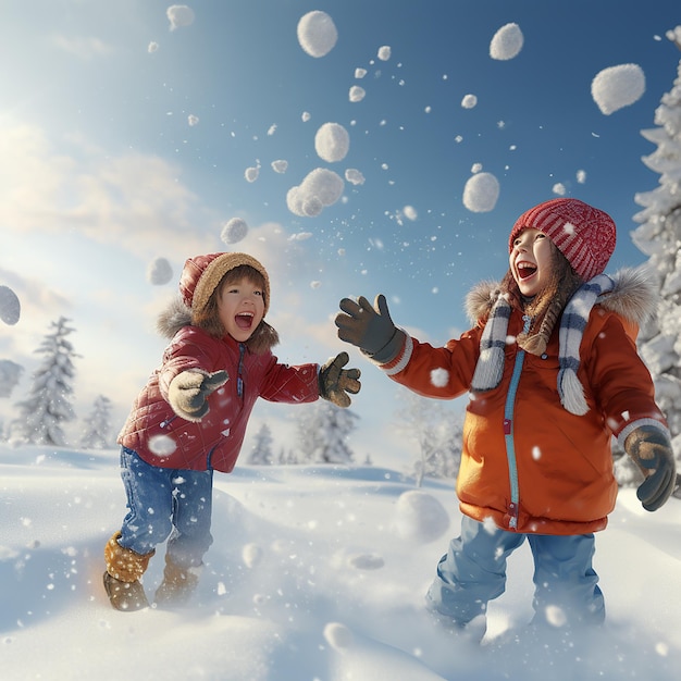 Des enfants ultra-réalistes jouant et s'amusant dans la neige