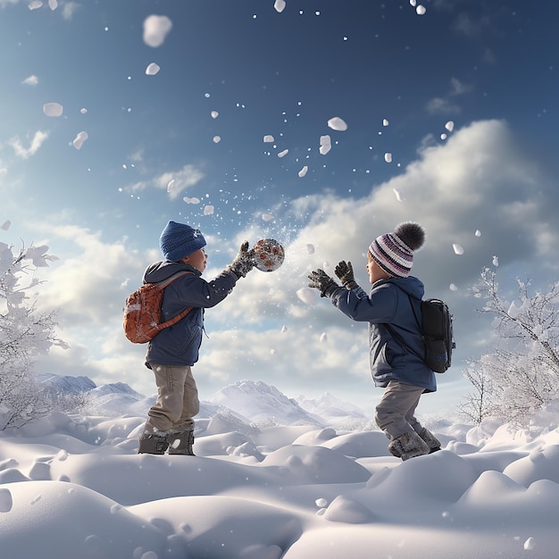 Des enfants ultra-réalistes jouant et s'amusant dans la neige