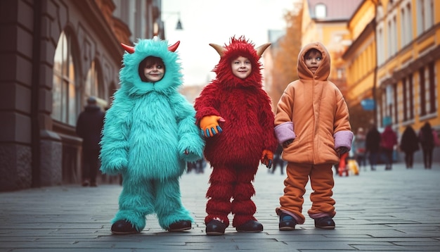 Photo des enfants vêtus de monstres marchent dans la ville.