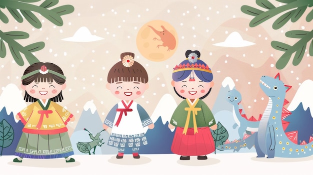 Les enfants vêtus de vêtements traditionnels coréens Hanbok et portant des chapeaux de dinosaure Arrière-plan traditionnel avec des montagnes, des branches de pin et une carte de la nouvelle année de la pleine lune