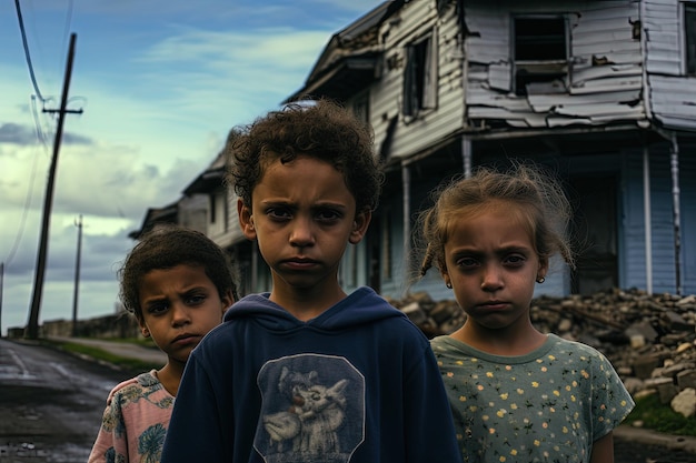 Des enfants avec des visages tristes devant des maisons détruites concept de catastrophe naturelle IA générative