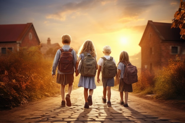 Photo les enfants vont à l'école heureux de retour à l'idée d'école