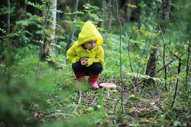 Les enfants vont à la forêt pour les champignons