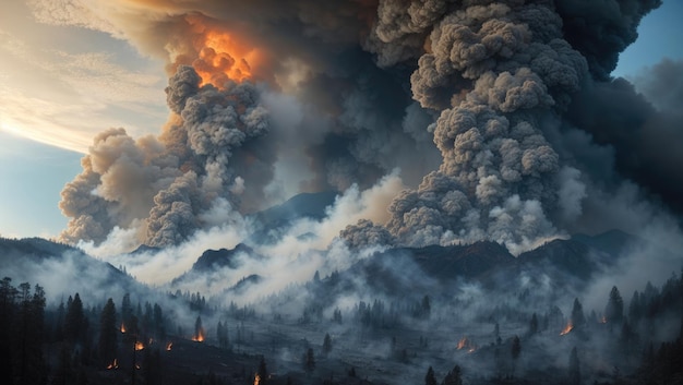 Un enfer de flammes déchaîné engloutit une vaste étendue de pins et la fumée s'élève vers le ciel dans un panache chaotique.