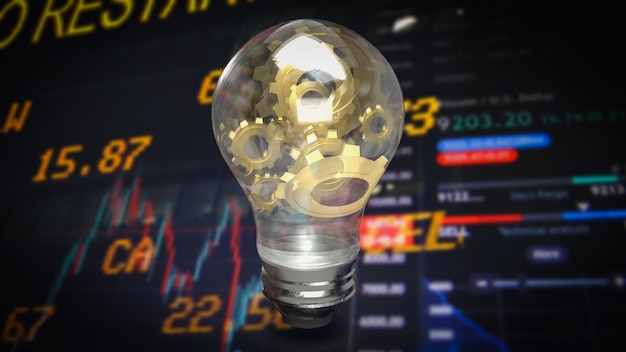 L'engrenage d'or dans l'ampoule pour le rendu 3d d'affaires ou de concept créatif