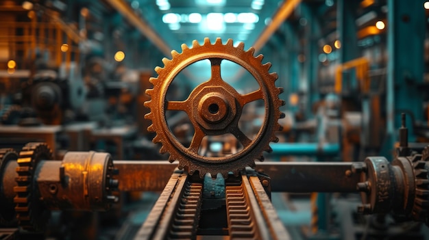 Avec des engrenages qui bourdonnent, il prend une pose sur un fond de machines industrielles.