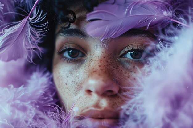 Photo enigmatic gaze of a young person surrounded by purple feathers