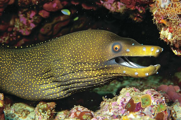 L'énigmatique morène nage dans une grotte de corail