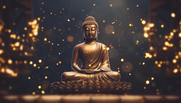 Enigmatique et rayonnant, le Bouddha doré est assis dans une contemplation tranquille parmi les lumières candle-like scintillantes