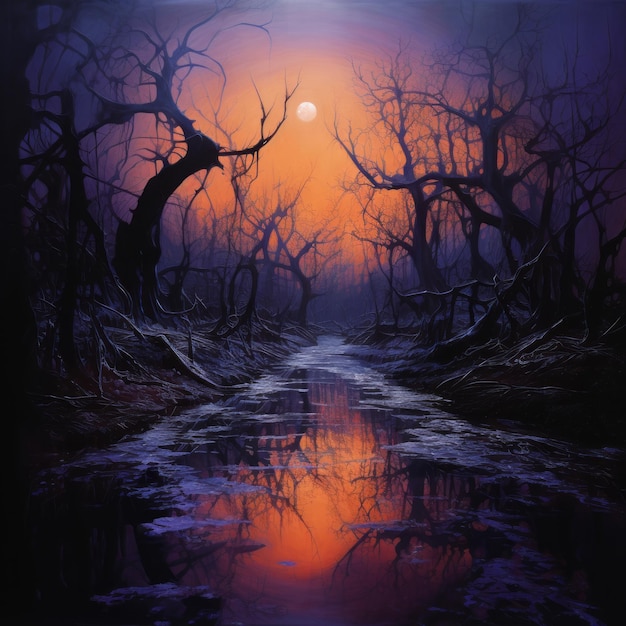 Photo l'énigme du bosquet hanté par la lune, l'horreur tombée, les arbres floués et les bassins de lumière orange.
