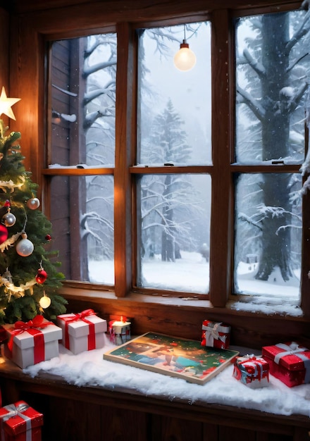 Des énigmes de Noël empilées dans un coin confortable avec une vue sur une fenêtre enneigée