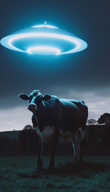 Enlèvement de vaches par des extraterrestres sur une soucoupe volante à la lumière du néon la nuit dans un champ généré par l'IA