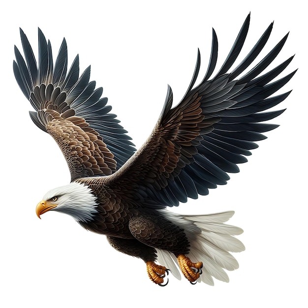 Un énorme aigle américain aux ailes larges vole gracieusement sur un fond transparent.