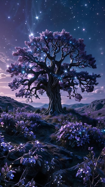 Photo un énorme arbre ultraviolet fantastique sur le fond du ciel étoilé crépuscule vertical