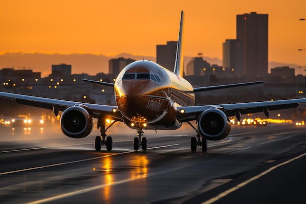 Photo Énorme avion commercial tourné depuis une vue à basse altitude magnifique coucher de soleil