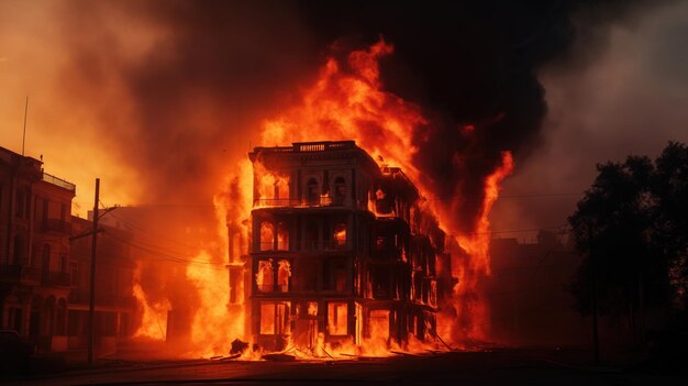 Un énorme bâtiment de la ville est en feu.