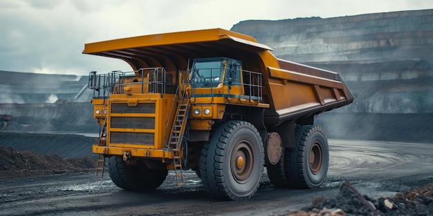 Un énorme camion de décharge d'extraction lourde à ciel ouvert pour l'extraction du charbon.