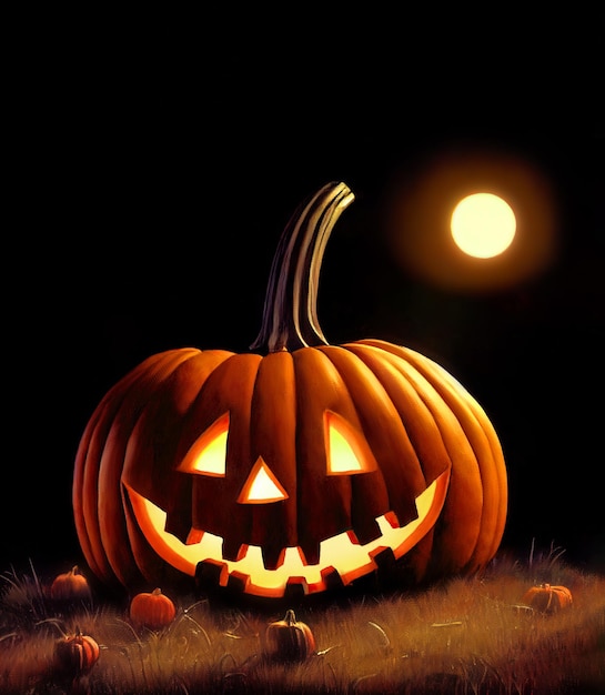 Une énorme citrouille d'Halloween aux yeux brillants souriant dans un champ la nuit sous la pleine lune Illustration numérique avec espace de copie