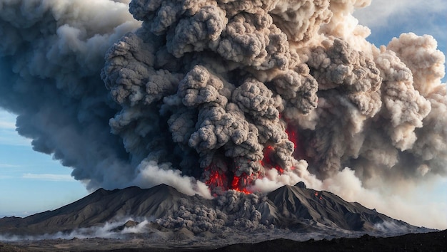 Photo une énorme colonne de cendres éclate de l'embouchure d'un volcan en éruption.