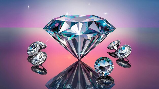Un énorme diamant et plusieurs cristaux chics sur une surface de miroir en gradient brillent et scintillent